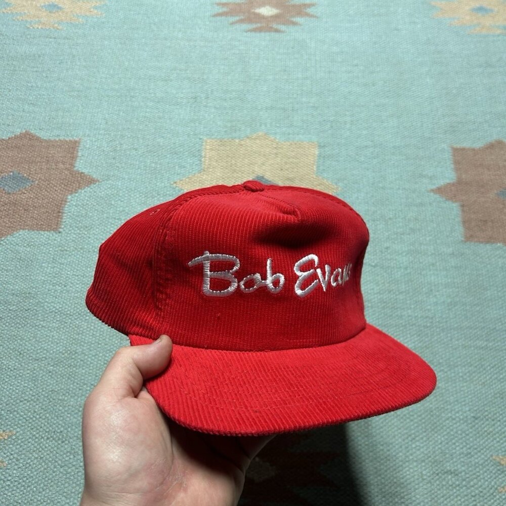 Vintage SnapBack hat corduroy cap bob Evans restaurant food red adjustable
